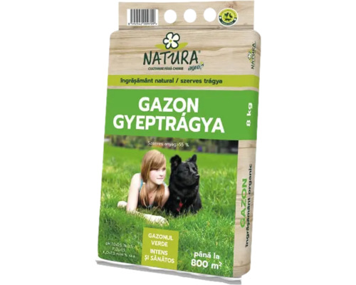 Pachet de îngrășământ pentru gazon cu informații despre ingrediente și zona de aplicare