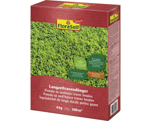 Îngrășământ de lungă durată FloraSelf pentru gazon, pentru o suprafață de până la 100 de metri pătrați, în sac de 4 kilograme