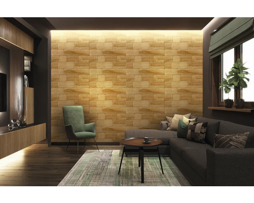 Living cu panouri de perete cu aspect de lemn, canapea și fotoliu