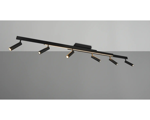 Sistem de șine negru cu mai multe spoturi pe tavan.