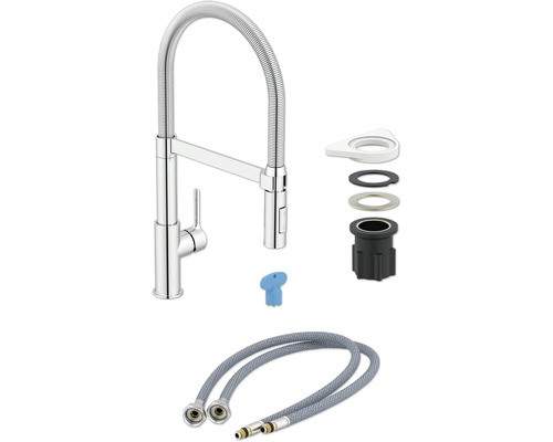 Baterie de bucătărie cu furtun de duș și material de montaj