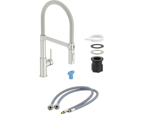 Baterie de bucătărie cu furtun de duș, material de montaj și furtunuri de conectare