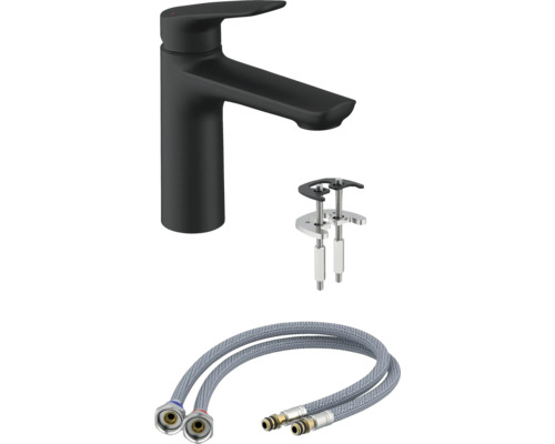 Baterie neagră de lavoar cu accesorii de montaj și furtunuri de conectare