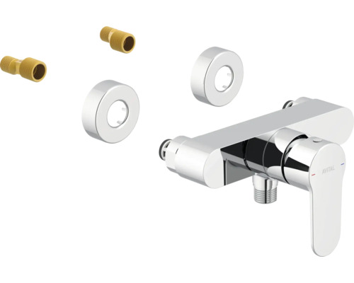 Baterie de duș aparentă cu rozete și racorduri în S