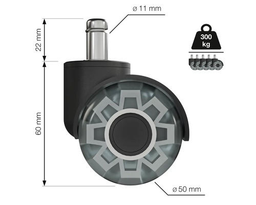 Rotiță pentru scaun de birou cu dimensiuni și o capacitate portantă de 300 de kilograme în set
