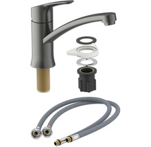Baterie de bucătărie cu accesorii de montaj și furtunuri de conectare flexibile