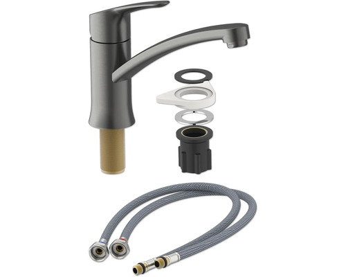 Baterie de bucătărie cu accesorii de montaj și furtunuri de conectare flexibile