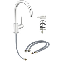 Baterie de bucătărie cu furtunuri de conectare flexibile și material de fixare