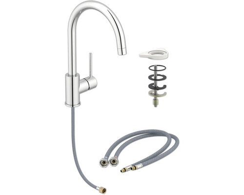 Baterie de bucătărie cu furtunuri de conectare flexibile și material de fixare