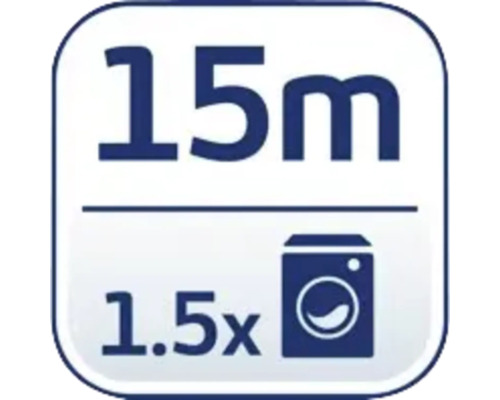 Simbol pentru lungimea furtunului de 15 metri și volumul mașinii de spălat de 1,5 ori