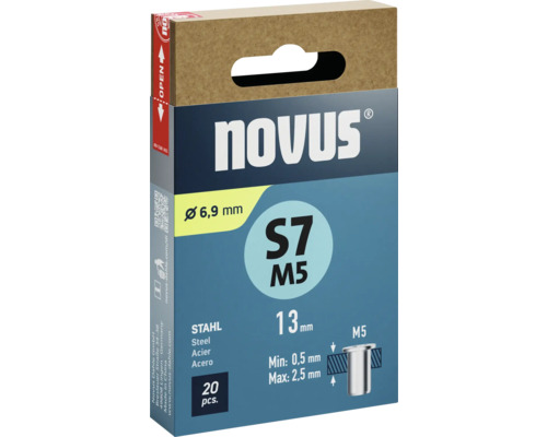 Pachet de nituri din oțel Novus S7 M5, diametru 6,9 milimetri, 20 bucăți
