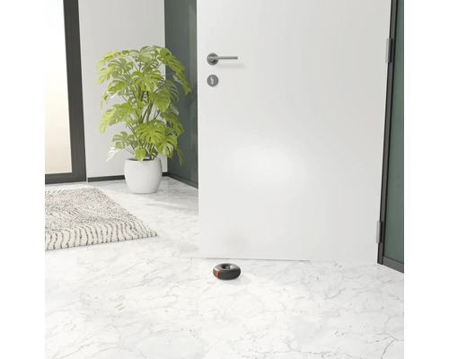 Scenă de interior cu opritor de ușă în fața unei uși albe