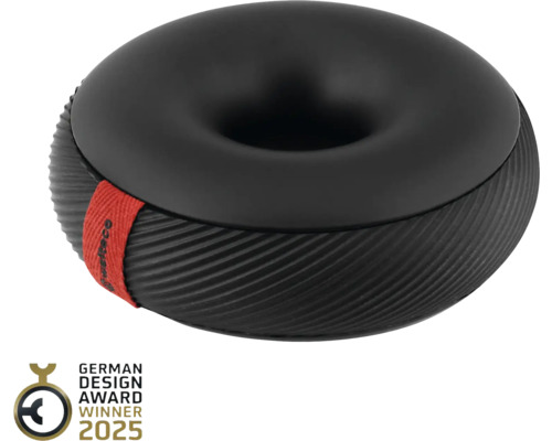 Taburet negru în formă de gogoașă cu bandă textilă roșie