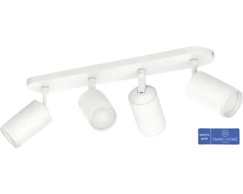 Plafonieră Phillips Hue cu spoturi GU10 max.4x4,2W 400 lumeni, lumină RGBW, alb Lumină de tavan albă cu patru spoturi și simbol Smart Home