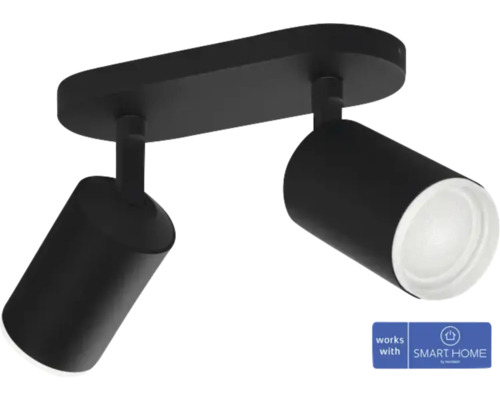 Lumină de tavan neagră cu două spoturi și sigiliul Smart Home