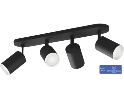 Plafonieră Phillips Hue cu spoturi GU10 max.4x4,2W 400 lumeni, lumină RGBW, negru Plafonieră LED neagră cu patru spoturi, compatibilă cu Smart Home