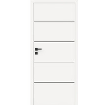 Ușă de interior albă cu linii decorative orizontale și clanță neagră.