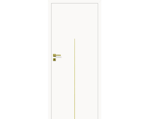 Foaie de ușă Classen alb mat Milk 1Z 203,5x84,4 cm stânga 3 balamale Ușă de interior albă cu bandă decorativă dreaptă de culoare aurie și mâner