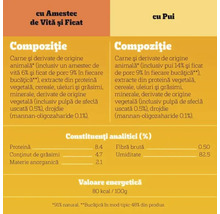 Informații despre compoziția și valorile nutriționale ale hranei pentru animale de companie cu carne de vită, ficat și pui.