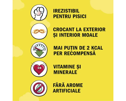 Icons showing benefits of cat treats: irresistible for cats, crunchy on the outside and soft on the inside, less than 2 kilocalories per treat, vitamins and minerals, no artificial flavors