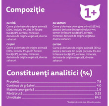 Compoziția și constituenții analitici ai hranei pentru pisici, cu carne de vită, somon, pui și ton