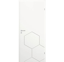 Ușă interioară albă cu structură orizontală de design hexagonal, mâner de ușă și încuietoare