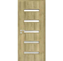 Ușă din lemn cu cinci panouri dreptunghiulare din sticlă și un mâner de ușă