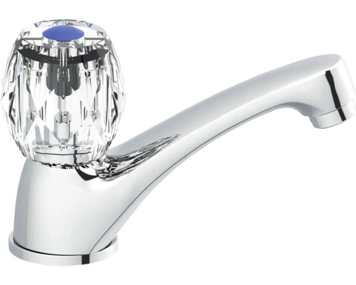 Baterie de apă cu mâner transparent fațetat și gura de scurgere cromată