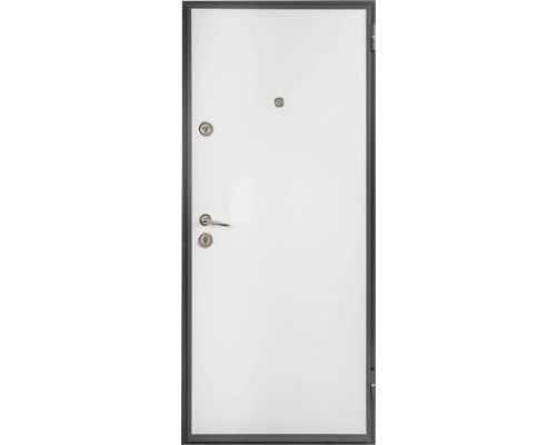 Ușă de siguranță albă cu cadru metalic, vizor și set de mânere