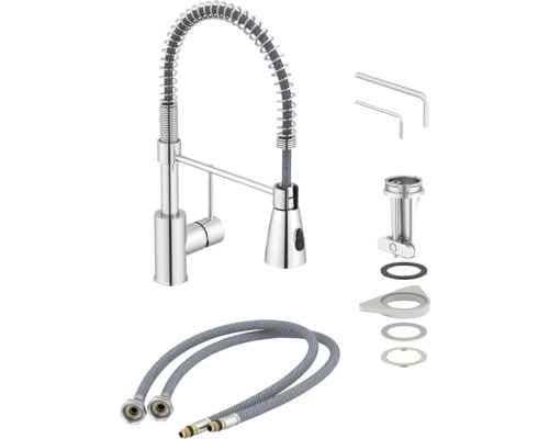 Baterie de bucătărie cu furtun de duș și accesorii