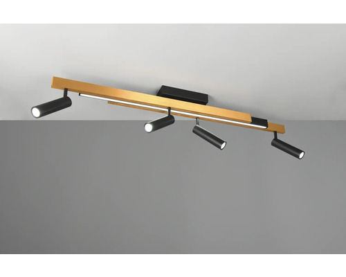 Lumină de plafon cu bară de lemn și spoturi negre