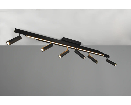 Plafonieră LED neagră cu șase spoturi.