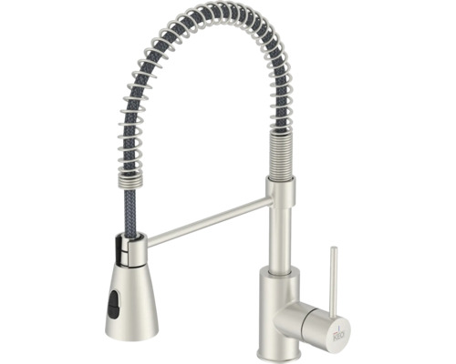 Baterie bucătărie cu duș KEO ILMA inox satinat Baterie de bucătărie cu duș extractibil și arc spiralat