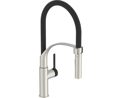 Baterie de bucătărie cu gât înalt pivotant și duș extractibil