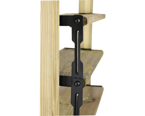 Vizualizare detaliată a unui raft din lemn cu suport metalic negru