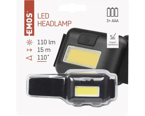 Lanternă frontală cu LED, cu o putere de iluminare de 110 lumeni, necesită trei baterii AAA și este rezistentă la impact