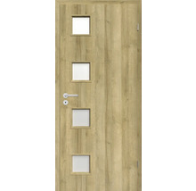 Ușă din lemn cu patru ferestre pătrate și un mâner metalic