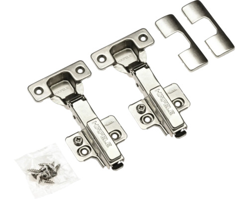 Două balamale pentru mobilă cu șuruburi și plăci de acoperire