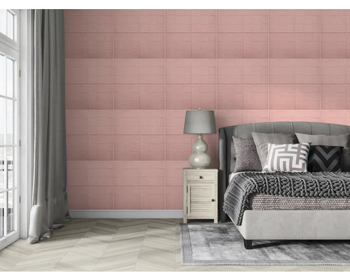 Dormitor cu panouri de perete, pat, noptieră și perdele