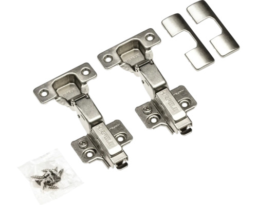 Două balamale pentru mobilă cu șuruburi și plăci de acoperire