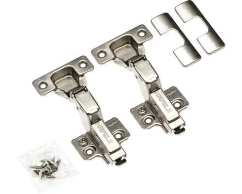 Două balamale Haefele cu șuruburi și plăci de montaj