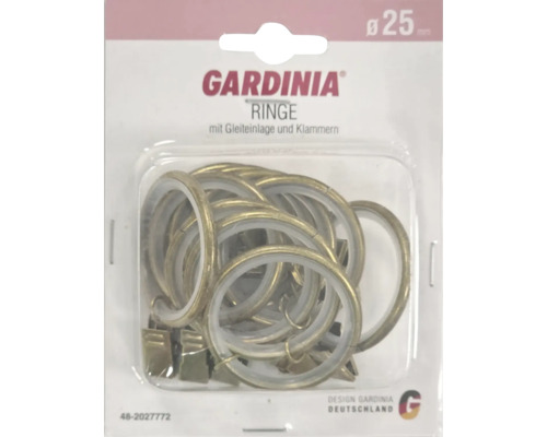 Inele Gardinia 25 mm cu inserție de alunecare și cleme în ambalaj