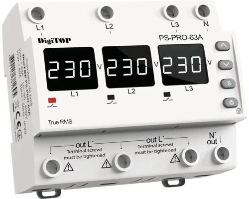 Releu protecție tensiune DigiTOP 63A monofazic, pentru tablou electric Releu de control al tensiunii Digitop PS-PRO-63A