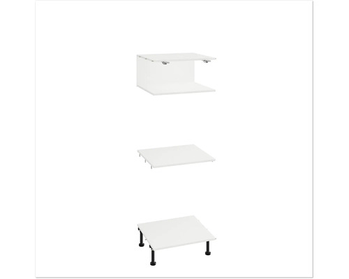 Trei vederi ale unui mobilier de baie alb cu raft și picioare