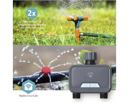 Scenă de grădină cu aspersor pentru gazon și ceas digital de udare Nedis SmartLife pentru irigarea a două zone