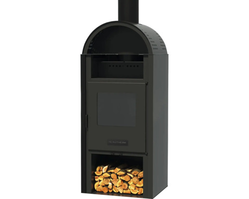 Șemineu cu spațiu de depozitare pentru lemne și logo Blautherm