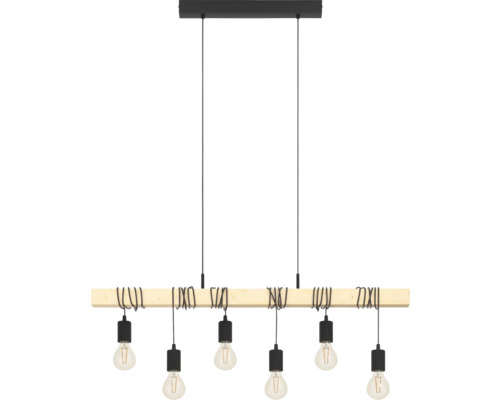 Lustră vintage Eglo Townshend E27 max. 6x60W, negru/lemn Lampa suspendată cu șase becuri pe o grindă de lemn