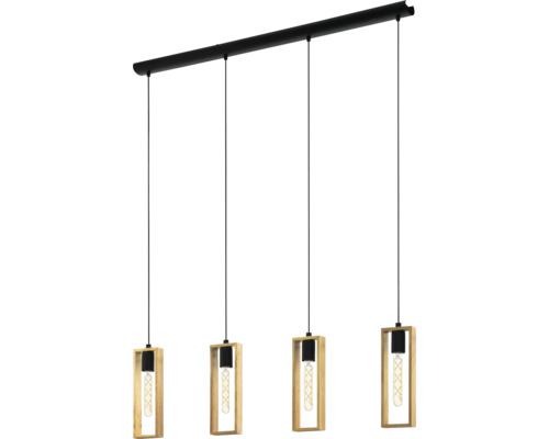 Lustră vintage Eglo Littleton E27 max. 4x40W, negru/lemn Lumină suspendată cu patru becuri și cadru din lemn