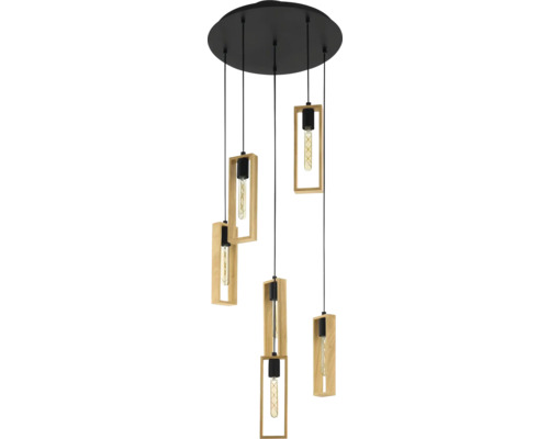 Pendul vintage Eglo Littleton E27 max. 6x40W, negru/lemn Lumină suspendată cu mai multe brațe, cu cadru din lemn și becuri decorative.
