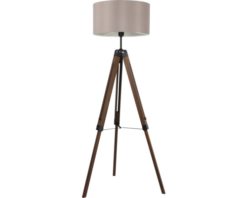 Lampă de podea cu trepied din lemn maro și abajur